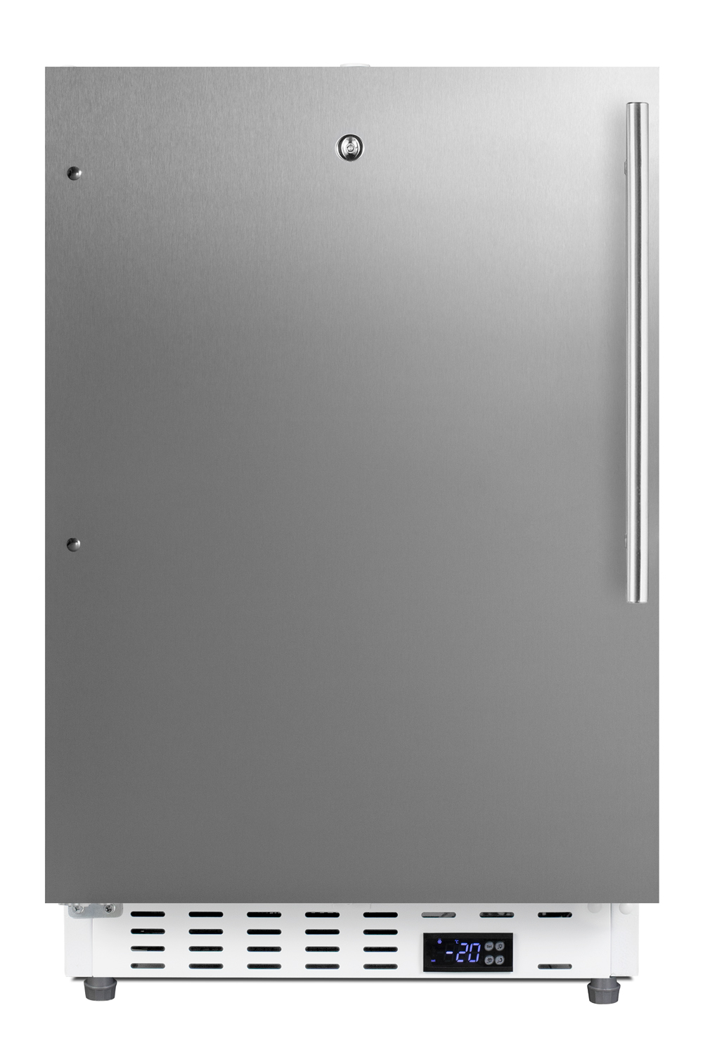 Built-in undercounter -25 C ADA compliant all-freezer with stainless steel front and handle, factory installed lock, digital controls, interior baskets, hospital cord with 'green dot' plug, access port, and manual defrost operation